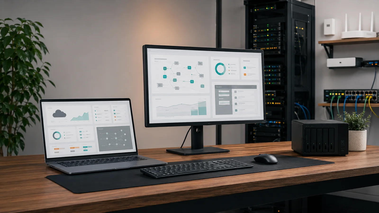 Cloud operations workspace with dashboards, servers, and private network equipment